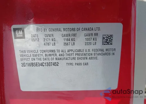 2012 Chevrolet Impala Lt z USA, uszkodzony, nr VIN 2G1WB5E34C1307452